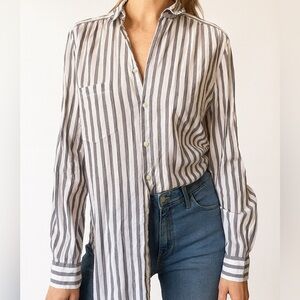 Ann Taylor Factory Gray & White Striped Button Down Cotton Shirt Size Large